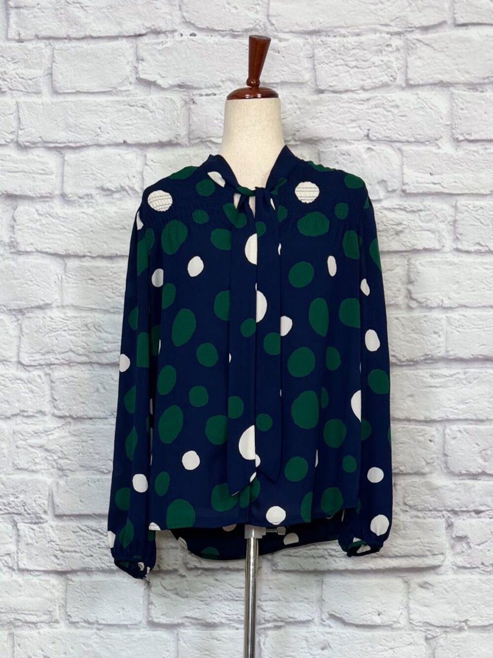 Ro & De Navy Blue Polka Dot Tie Neck Long Sleeve Blouse